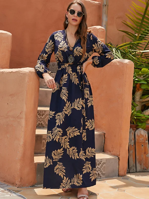 KittenAlarm - Leaf Print Elastic Waist Maxi Dress