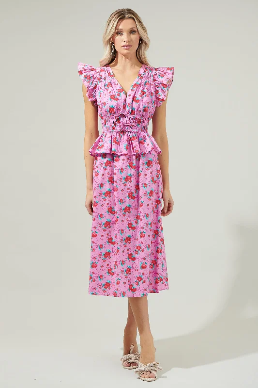 Berryglow Floral Smocked Midi Dress