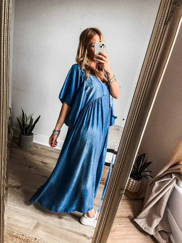 Denim Flouncy Maxi Dress