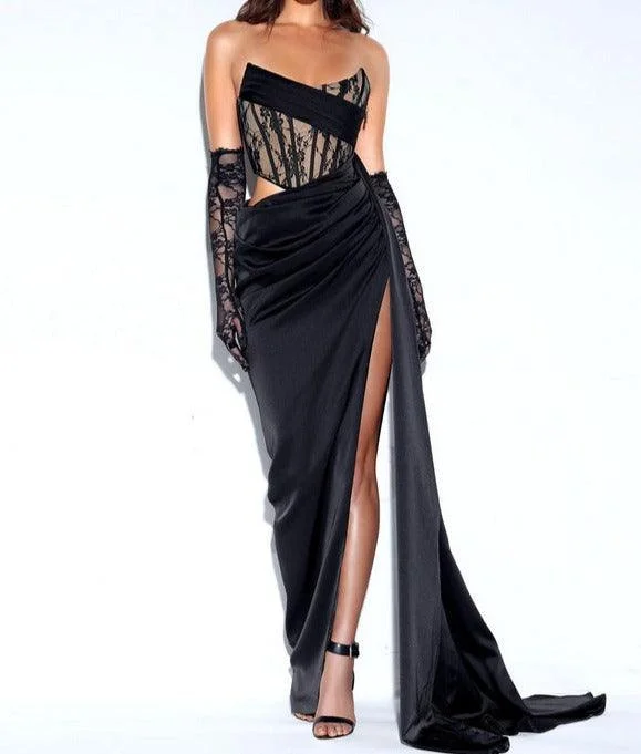 KittenAlarm - Ember Black Lace Satin Corset High Slit Gown