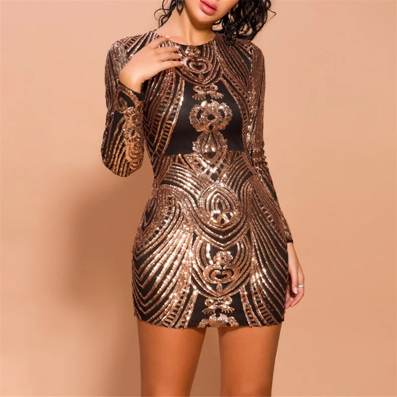 Geometric Gold Sequins Long Sleeve Mini Bodycon Dress