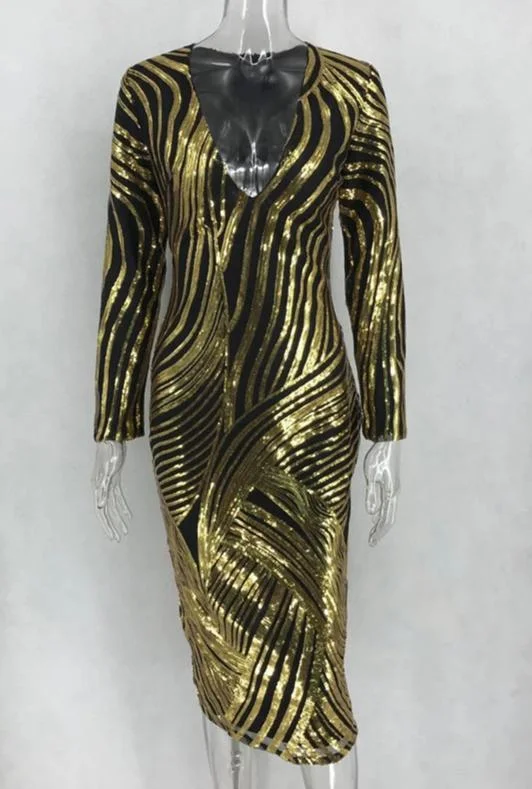 Gold Sequin V Neck Long Sleeve Bodycon Midi Dress