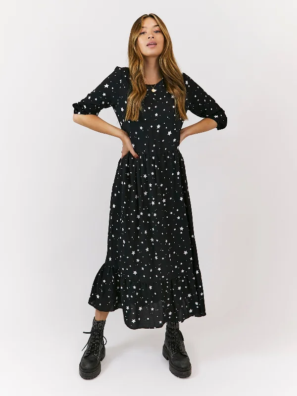 Hallie Midi Smock Long Sleeve Dress / Star Print