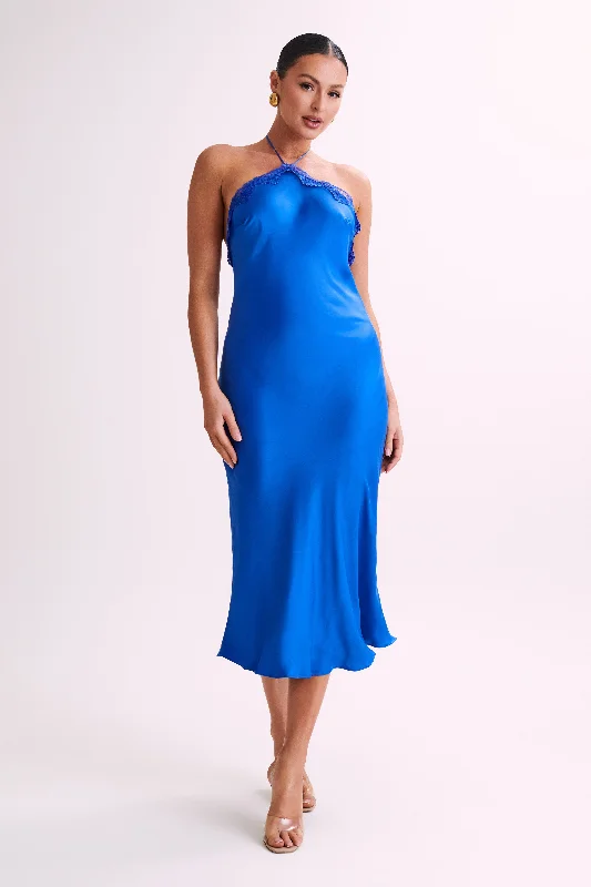 Kaya Satin Midi Dress With Lace - Periwinkle