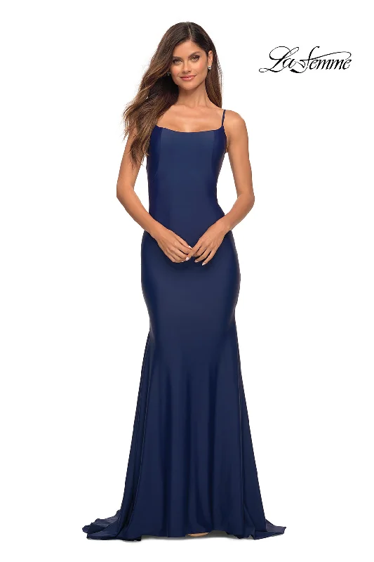 La Femme Backless Long Prom Dress with Train