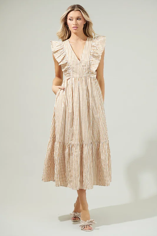 Luna Striped Fairness Taupe Poplin Surplice Midi Dress