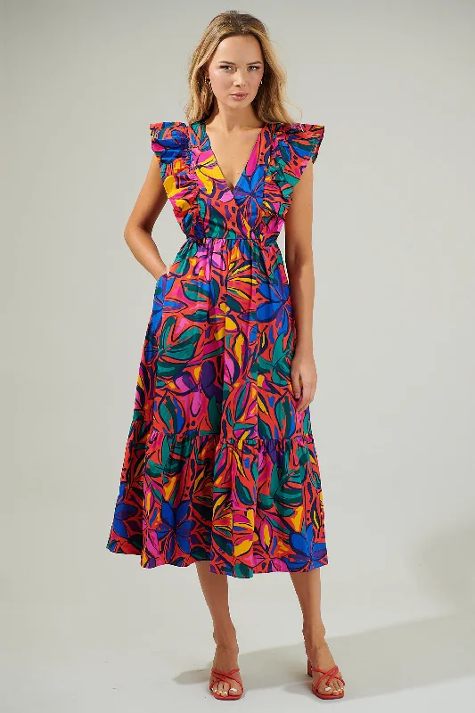 Rainbow Tropics Fairness Poplin Surplice Midi Dress