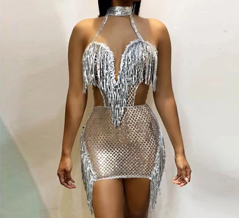 Sequined Tassel Halter Deep V Hollow Bodycon Mini Dresses