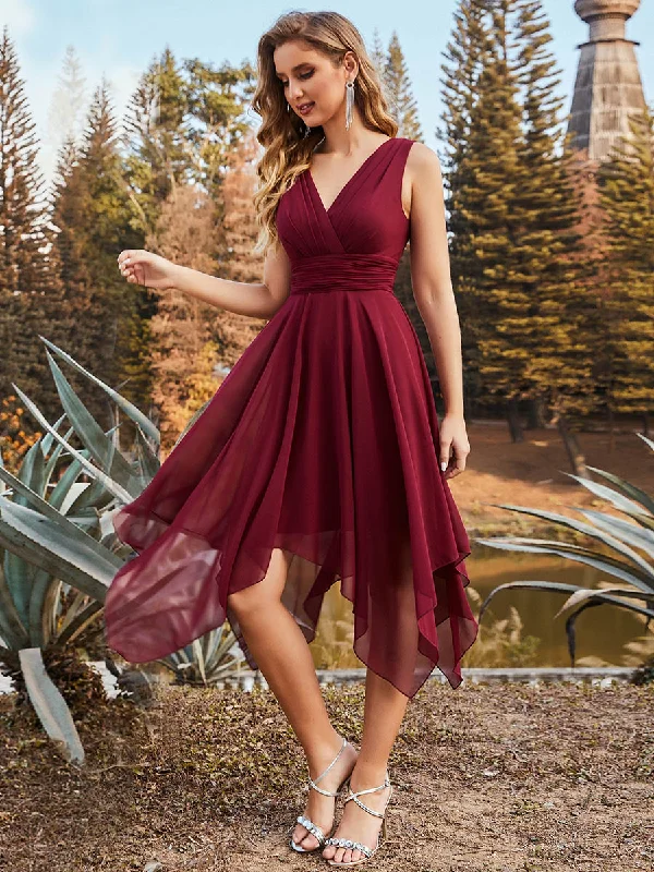 Sleeveless V Neck Mini Wholesale Chiffon Bridesmaid Dress