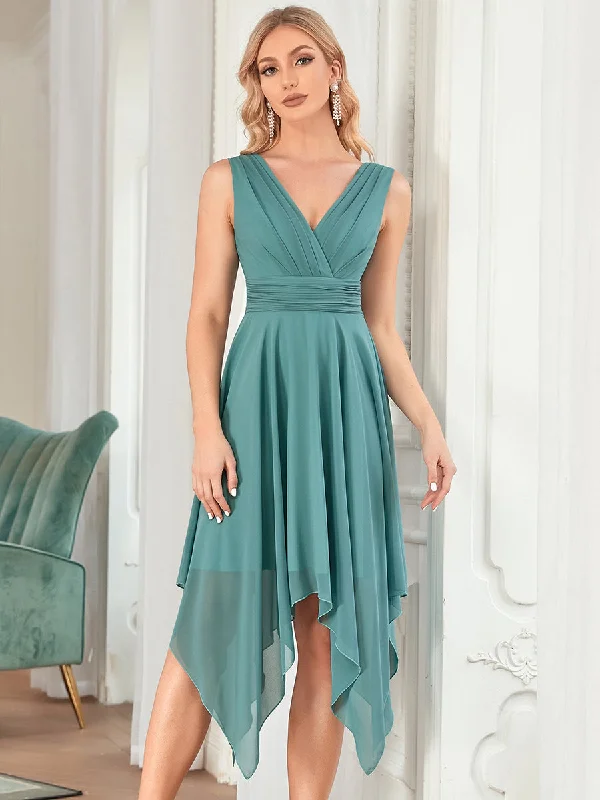 Sleeveless V Neck Mini Wholesale Chiffon Bridesmaid Dress