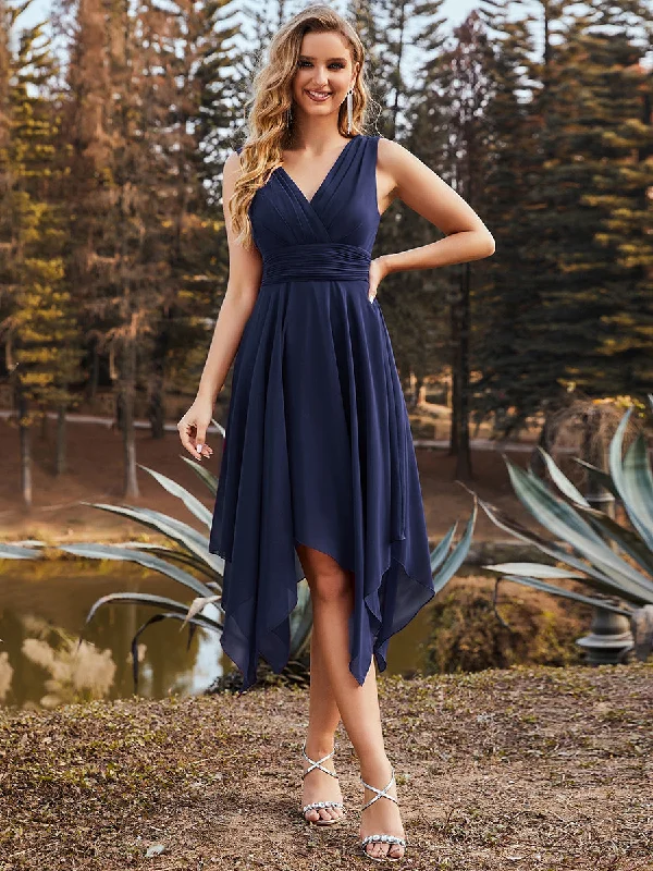 Sleeveless V Neck Mini Wholesale Chiffon Bridesmaid Dress