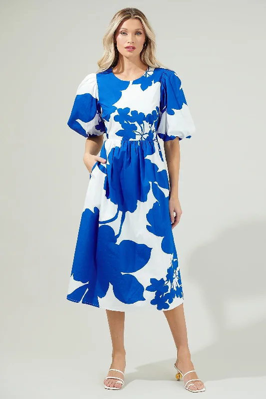 Yardley Floral Poplin Puff Sleeve Midi Dress