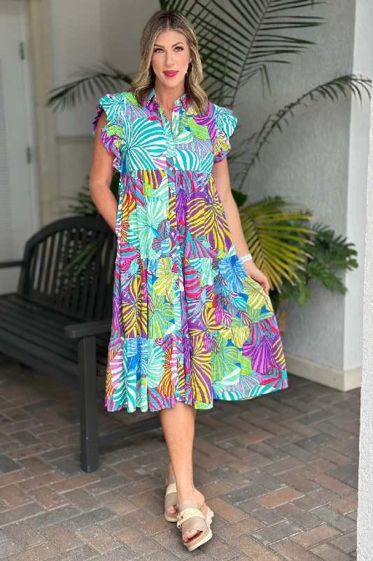 Daphne Multicolor Palm Print Midi Dress