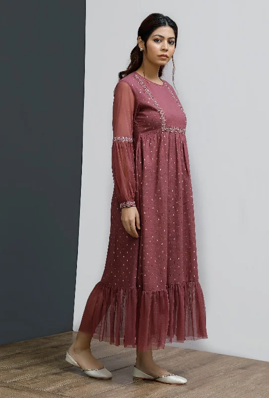 Plum Hand Block Printed Front Gathered Long Dress